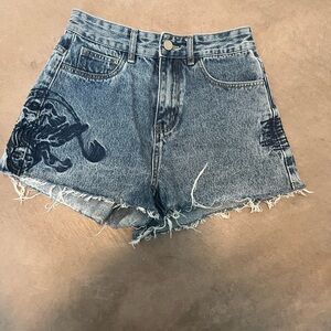Embroidered High-Rise Denim Shorts in Blue